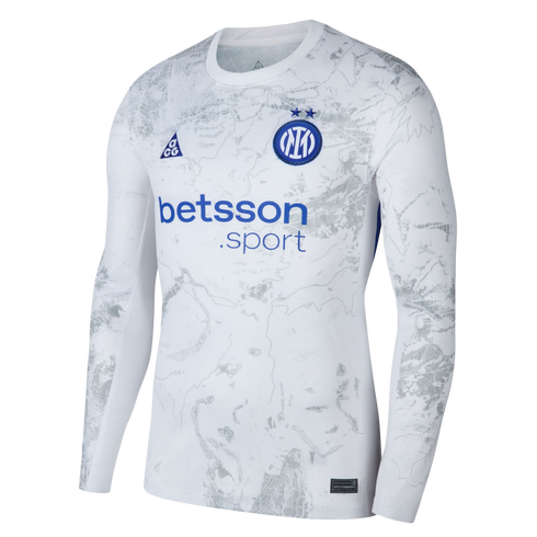 White long-sleeve Inter Milan jersey in white with a grey topographical map pattern, blue team crest, ACG logo, and betsson.sport sponsor logo.