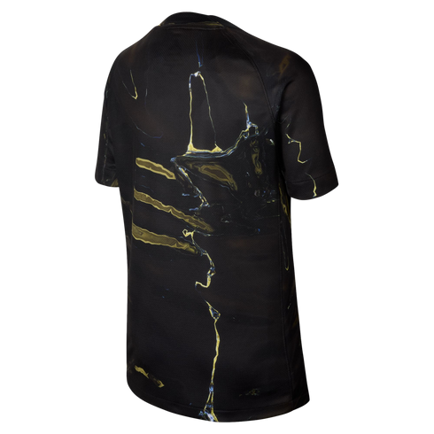 Rear view of a black short-sleeved t-shirt featuring an abstract gold and yellow liquid marble pattern.