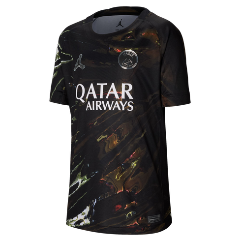 Black PSG soccer jersey with a dark marbled pattern, silver logos, and white "QATAR AIRWAYS" across the chest.