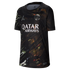 Black PSG soccer jersey with a dark marbled pattern, silver logos, and white "QATAR AIRWAYS" across the chest.