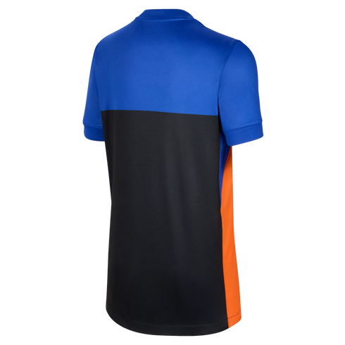 Back view of a short-sleeved athletic shirt featuring royal blue on top, black on the bottom, and a bright orange side panel.