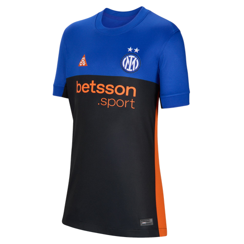 Inter Milan soccer jersey featuring a blue top, black bottom, and orange accents. Includes the club crest with two stars, an ACG logo, and "betsson .sport" sponsor text.