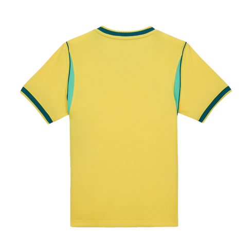 A rear view of a yellow short-sleeved t-shirt with dark green ribbing around the crew neckline and sleeve cuffs. It features light teal mesh panels along the sides under the sleeves. The shirt is shown flat against a solid black background.