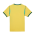 A rear view of a yellow short-sleeved t-shirt with dark green ribbing around the crew neckline and sleeve cuffs. It features light teal mesh panels along the sides under the sleeves. The shirt is shown flat against a solid black background.