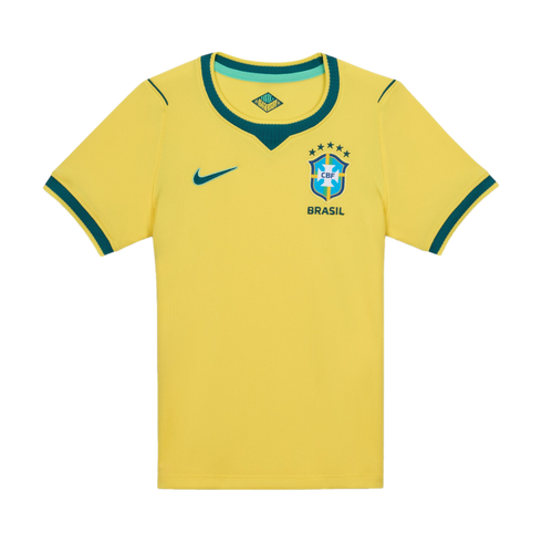A yellow short-sleeve Nike soccer jersey for the Brazil national team with green trim on the collar and sleeve cuffs, featuring the Brazil team crest and a green Nike swoosh on the chest.
