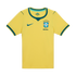 A yellow short-sleeve Nike soccer jersey for the Brazil national team with green trim on the collar and sleeve cuffs, featuring the Brazil team crest and a green Nike swoosh on the chest.