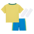 A flat lay of a children's sports uniform against a black background, featuring a yellow short-sleeved jersey with a teal collar, bright blue shorts with teal and yellow side stripes, and a pair of white socks.