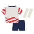 A child's athletic set: white t-shirt with red wavy stripes, dark blue shorts, and white socks.