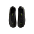 A top-down view of a pair of black Nike Tiempo slip-on athletic shoes against a solid black background. The matte black shoes feature vibrant neon green accents, including small Nike swooshes on the toes and "TIEMPO" text on the front pull tabs.