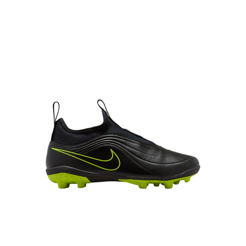 A side profile of a black and neon green Nike soccer cleat against a black background. The shoe features a laceless, slip-on design with a high, sock-like collar and pull tabs at the heel and tongue. A large neon green Nike swoosh is displayed on the side