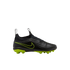 A side profile of a black and neon green Nike soccer cleat against a black background. The shoe features a laceless, slip-on design with a high, sock-like collar and pull tabs at the heel and tongue. A large neon green Nike swoosh is displayed on the side
