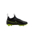 A side-view profile of a black Nike laceless soccer cleat with a lime green swoosh and lime green studded sole, set against a black background.
