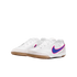 White Nike Tiempo indoor soccer shoes with blue and pink swooshes and gum soles, displayed on a black background.
