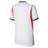 Back view of a white sports jersey with red side panels and navy-and-red striped trim on the collar and cuffs, against a black background.