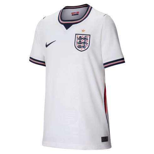White England home football jersey by Nike featuring a central Three Lions crest with a gold star, and navy and red trim on the collar and sleeve cuffs.
