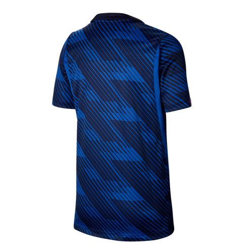 Rear view of a blue and navy athletic shirt with a diagonal geometric pattern, short sleeves, and a crew neck, displayed against a black background.