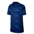 Rear view of a blue and navy athletic shirt with a diagonal geometric pattern, short sleeves, and a crew neck, displayed against a black background.
