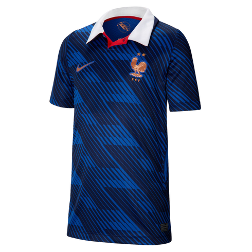 Blue Nike France national team soccer jersey featuring tonal diagonal stripes, a white polo collar with a red placket, and a gold rooster crest.
