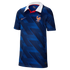 Blue Nike France national team soccer jersey featuring tonal diagonal stripes, a white polo collar with a red placket, and a gold rooster crest.