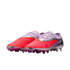 A pair of purple and bright red Nike Phantom GX soccer cleats with metallic silver accents, displayed against a solid black background.