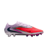 Side profile of a Nike soccer cleat featuring a light purple heel, silver accents, and a bright red forefoot against a black background.