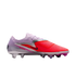 Profile of a Nike Phantom soccer cleat with a light purple heel, vibrant red forefoot, silver metallic accents, and a black swoosh against a solid black background.