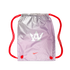 Metallic silver and pink gradient drawstring bag with red cords, featuring a large white crown logo and a small red Nike swoosh.