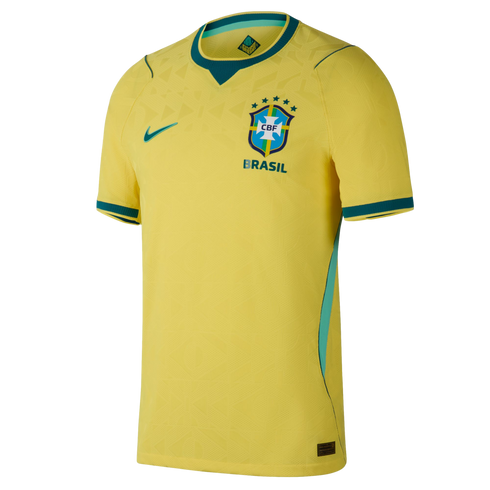 A bright yellow Brazil national football team home jersey by Nike, featuring a subtle geometric pattern, a teal Nike swoosh, and the CBF team crest on the chest.