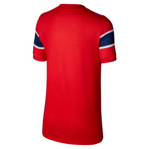 Back view of a red short-sleeved jersey displayed against a solid black background. The shirt features a subtle vertical-striped texture in the fabric. Each sleeve is detailed with a wide horizontal blue band that contains a tonal pattern, bordered by thi