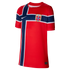 A red Nike Norway national team home football jersey shown against a black background. The front features a large navy blue cross with white borders, echoing the Norwegian flag's design. The blue areas of the cross have a subtle, intricate pattern. A whit
