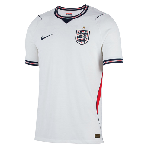 The front of a white short-sleeved England home football jersey. It features the England Three Lions crest on the chest with a single gold star above it, and a dark blue Nike swoosh on the opposite side. The V-neck and sleeve cuffs have dark blue, red, an