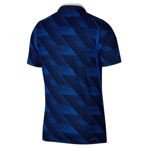 Back view of a navy and bright blue sports jersey with a diagonal geometric pattern, short sleeves, and a dark collar. The text 'AERO-FIT' is printed on the bottom right hem.