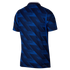 Back view of a navy and bright blue sports jersey with a diagonal geometric pattern, short sleeves, and a dark collar. The text 'AERO-FIT' is printed on the bottom right hem.
