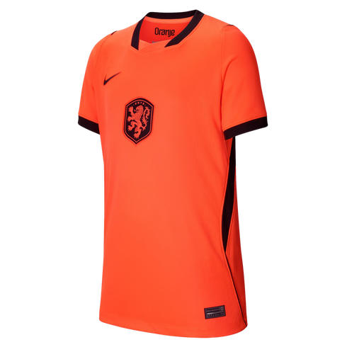 A bright orange Nike soccer jersey for the Netherlands national team, featuring a black v-neck collar, black sleeve cuffs, and a black KNVB crest with an orange lion in the center of the chest.