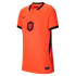 A bright orange Nike soccer jersey for the Netherlands national team, featuring a black v-neck collar, black sleeve cuffs, and a black KNVB crest with an orange lion in the center of the chest.