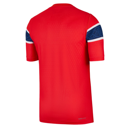 Back view of a red short-sleeved jersey featuring blue and white patterned bands on the sleeves. The fabric is textured and has "AERO-FIT" printed on the lower right hem.