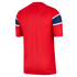 Back view of a red short-sleeved jersey featuring blue and white patterned bands on the sleeves. The fabric is textured and has "AERO-FIT" printed on the lower right hem.
