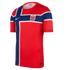 Red Nike Norway national soccer jersey featuring a large blue and white cross with a knotwork pattern, the team crest, and a white Nike swoosh.
