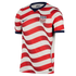 A Nike USA soccer jersey with red and white wavy horizontal stripes, navy blue collar and cuffs, and the team crest on the chest.