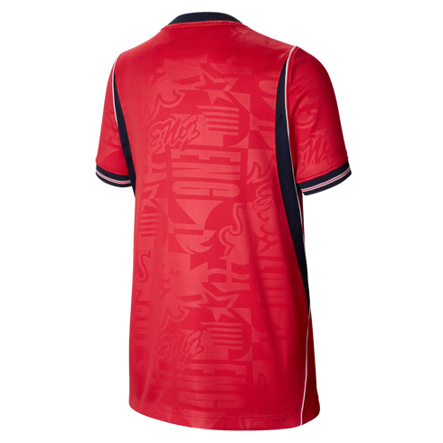 Back view of a red sports jersey with a tone-on-tone "ENG" and star pattern, navy side panels with white piping, and striped sleeve cuffs.