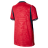 Back view of a red sports jersey with a tone-on-tone "ENG" and star pattern, navy side panels with white piping, and striped sleeve cuffs.
