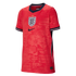 Red England football jersey featuring a central Three Lions crest, navy Nike swoosh, navy V-neck collar, and tonal graphic patterns.