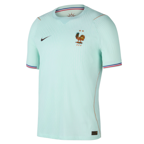 A light mint green Nike France national team soccer jersey with the rooster crest, two stars, and tricolor trim on the sleeve cuffs.