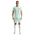 A man models a light mint green Nike France soccer kit with white socks and cleats against a black background.