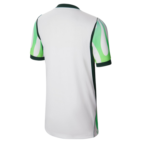The back of a white short-sleeve jersey featuring green and white patterned sleeves and dark green side panels and trim.