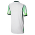 The back of a white short-sleeve jersey featuring green and white patterned sleeves and dark green side panels and trim.