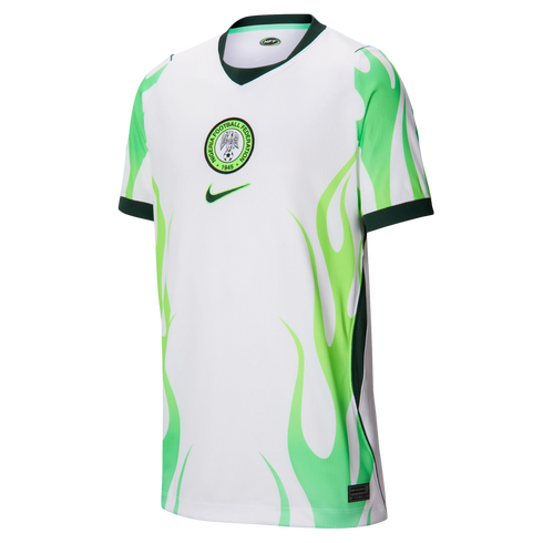 White Nigeria soccer jersey with light green flame graphics on the sides, featuring the team's crest and a Nike swoosh.