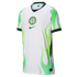 White Nigeria soccer jersey with light green flame graphics on the sides, featuring the team's crest and a Nike swoosh.