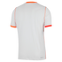 The back view of a white, short-sleeved athletic jersey with bright orange accents on the crew neck, sleeve cuffs, and shoulder seams. The white fabric features a fine vertical ribbed texture, and "AERO-FIT" is printed in small grey text at the bottom rig