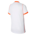 Back view of a white, short-sleeved athletic t-shirt with bright orange trim on the collar and sleeve cuffs. Thin orange piping runs vertically along the side seams. The shirt is shown against a solid black background.